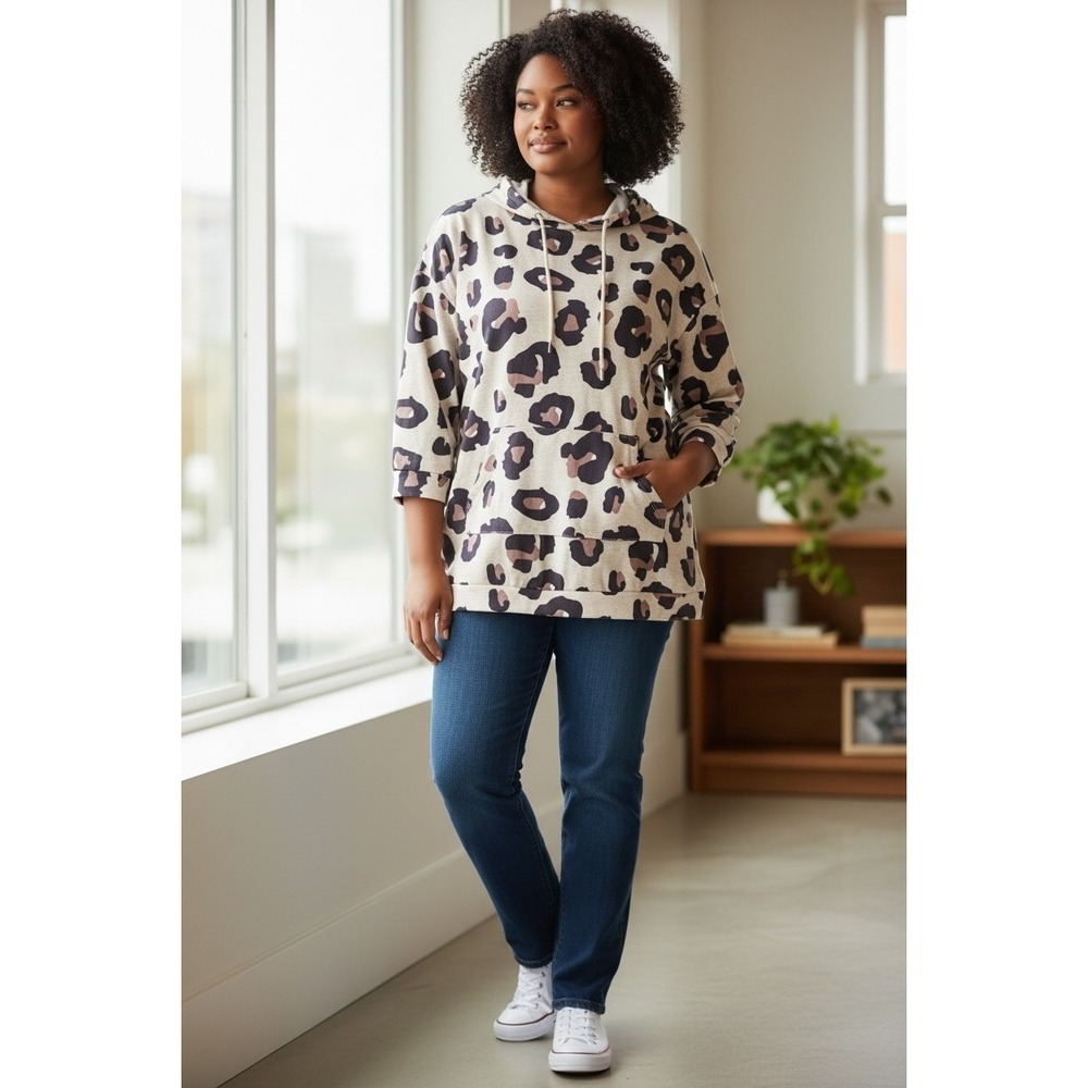 Womens Leopard Print Tunic Hoodie Long Sleeve Pocket Casual‎ Top Size 1XL